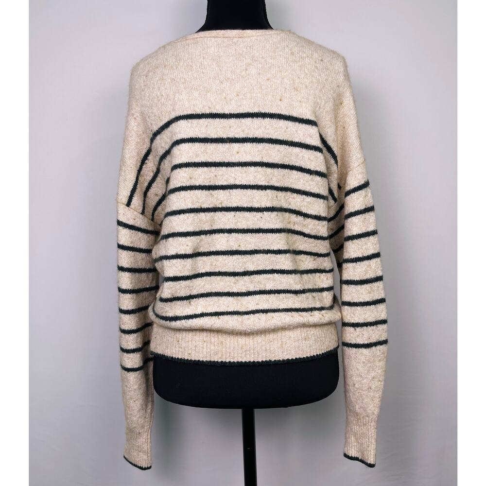 Madewell Merino Wool Oatmeal & Dark Green Striped V Neck Sweater Women’s Small - Picture 5 of 12